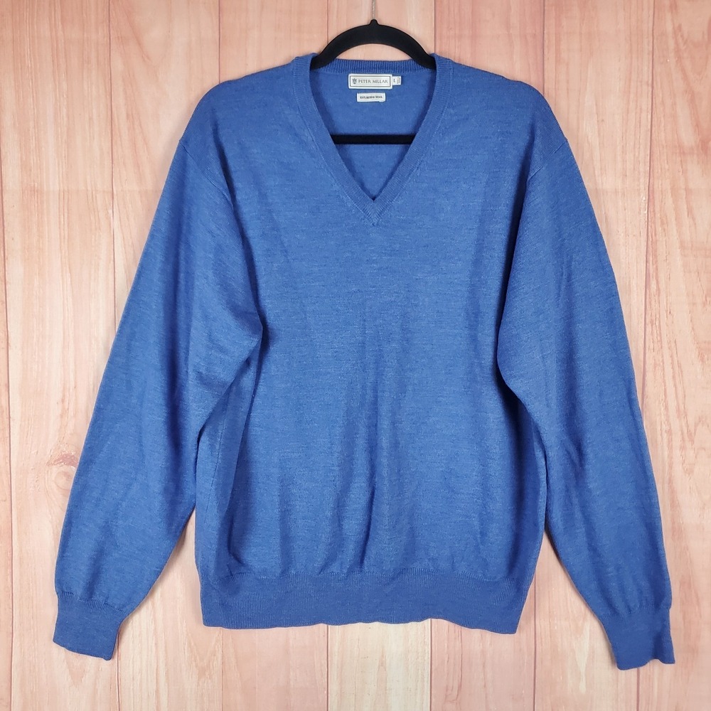 Peter Millar Mens Sweater Large Blue 100% Merino Wool Long Sleeve Pullover